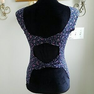 Blue floral top, sleeveless, open back, small